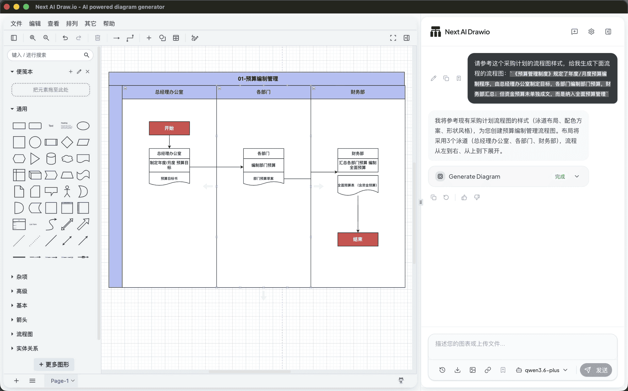 Next AI Draw.io 演示：右侧 AI 面板通过对话生成预算编制流程图