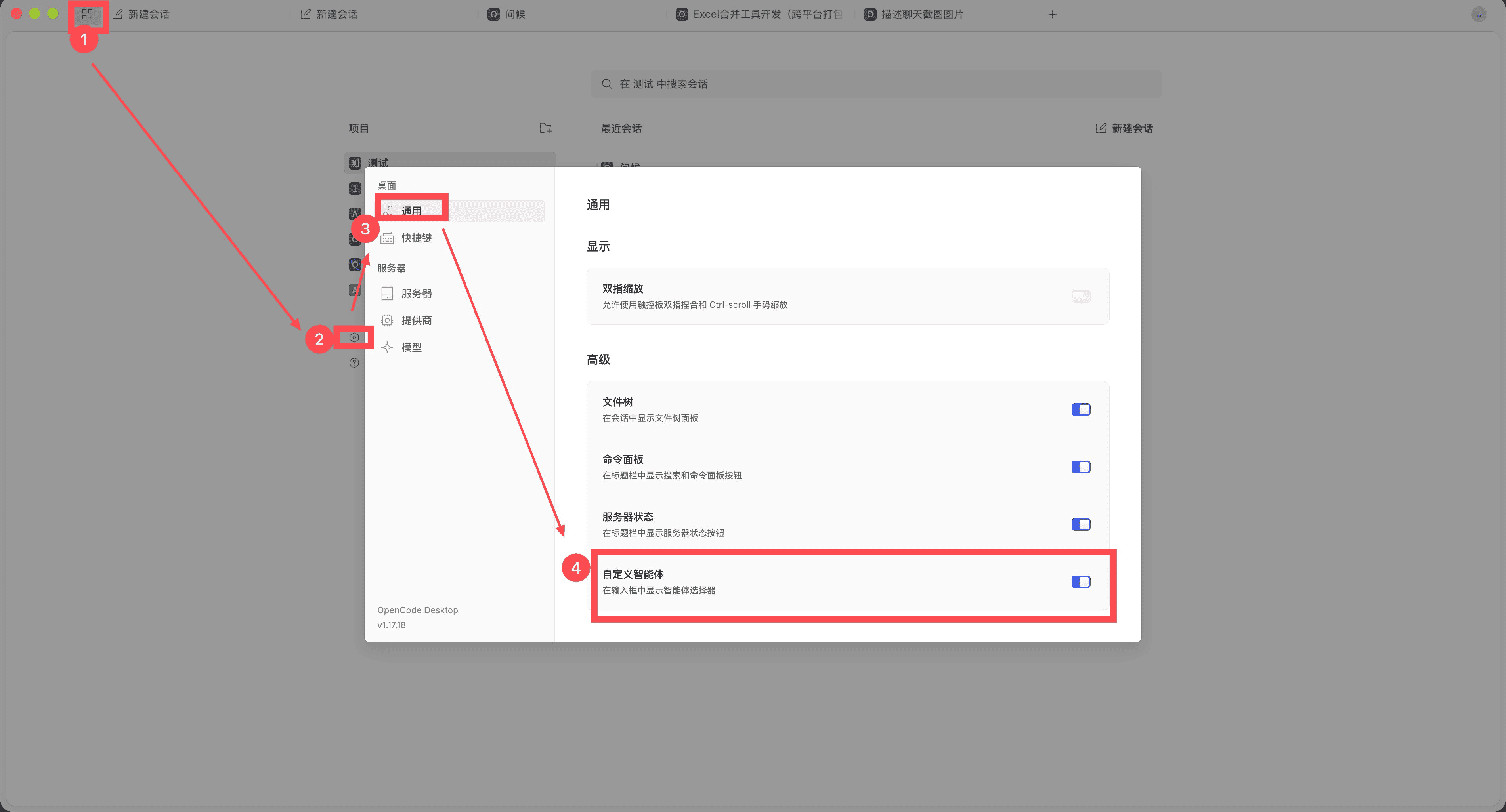 OpenCode 设置：通用 → 高级 → 打开「自定义智能体」开关