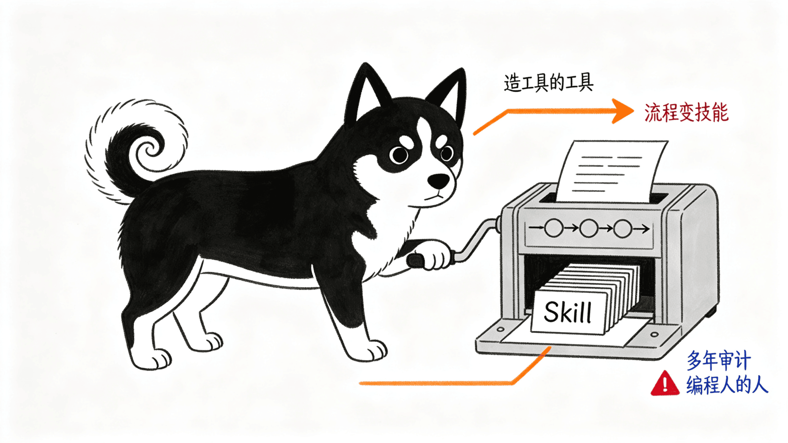 狗操作冲压机把流程纸压成技能卡