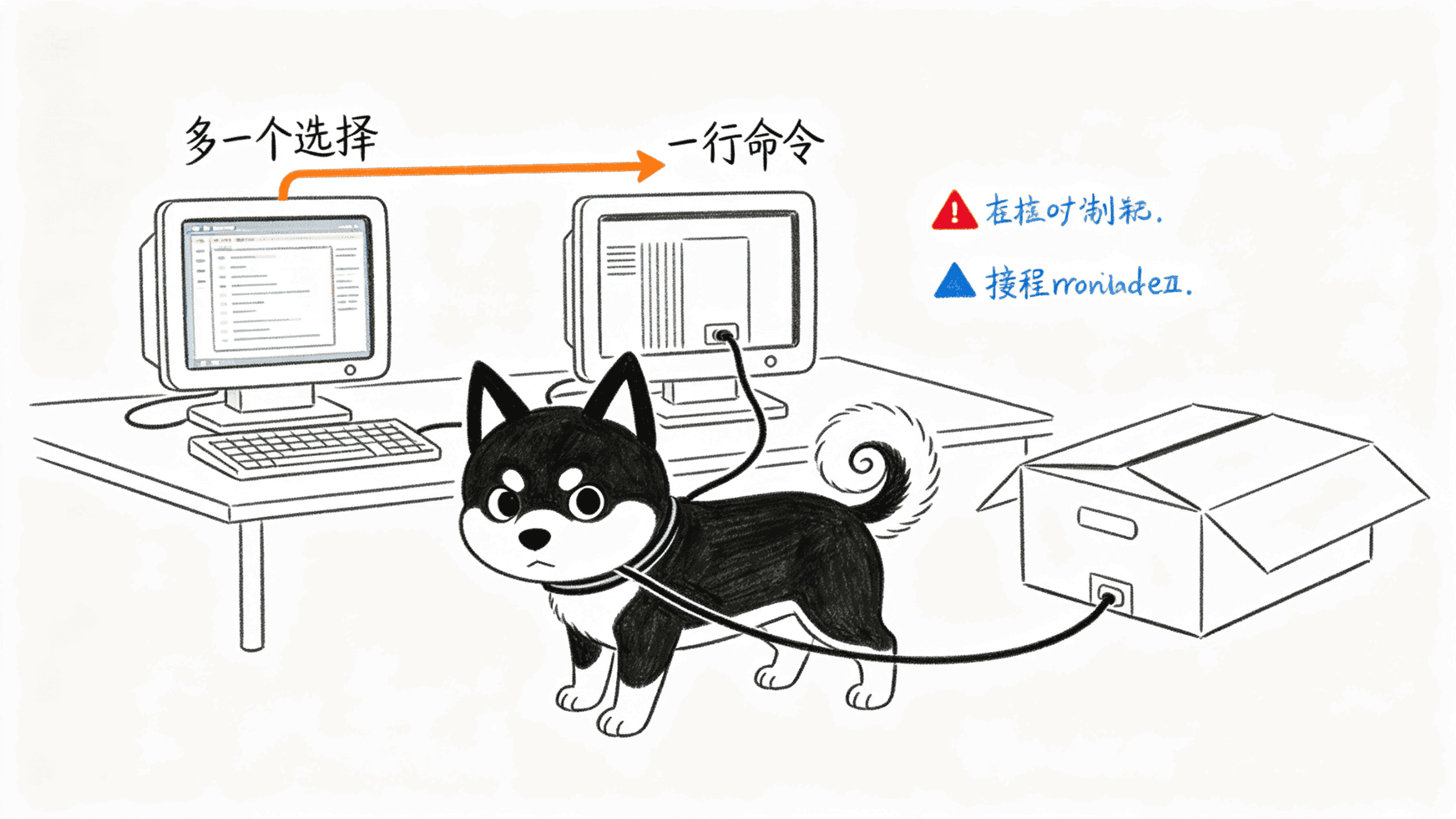 桌面并排两台终端，新机器开箱接线