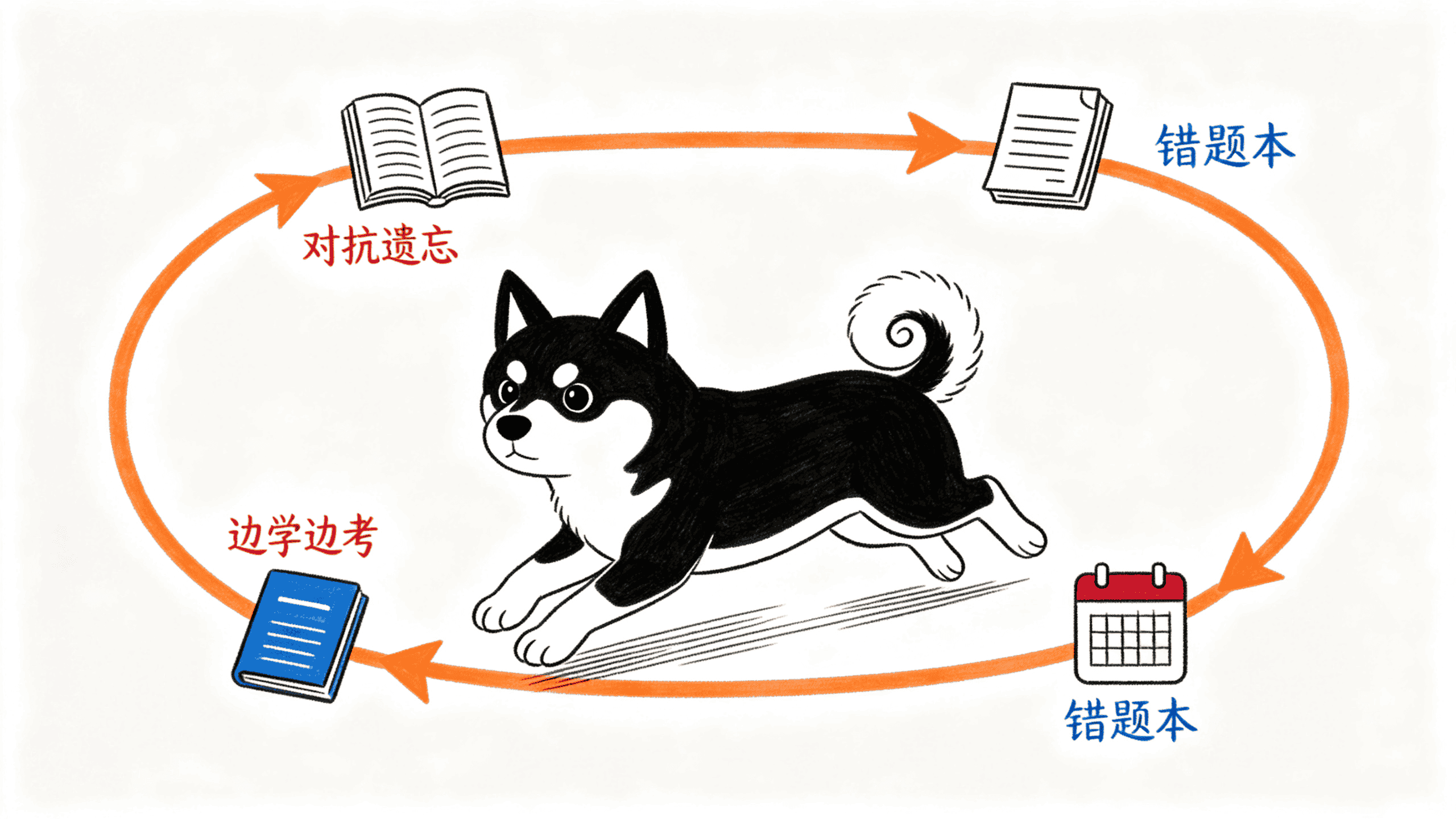狗在讲题出题错题复习的环形跑道上奔跑
