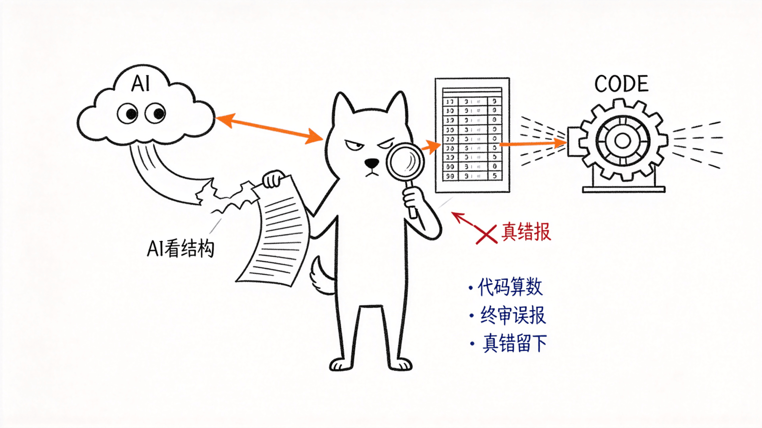 逆行的狗把审计报告撕成两半，一半交给 AI 云朵看结构，一半交给 CODE 齿轮机器算数，再用放大镜终审误报